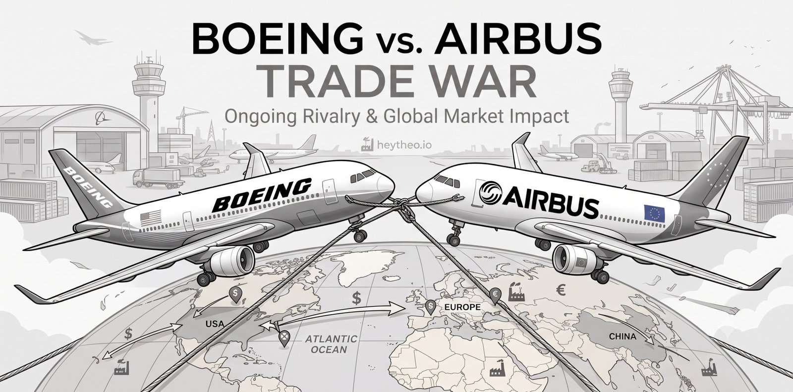 Line-art Boeing and Airbus jets nose to nose, cables tangled, over a world trade map