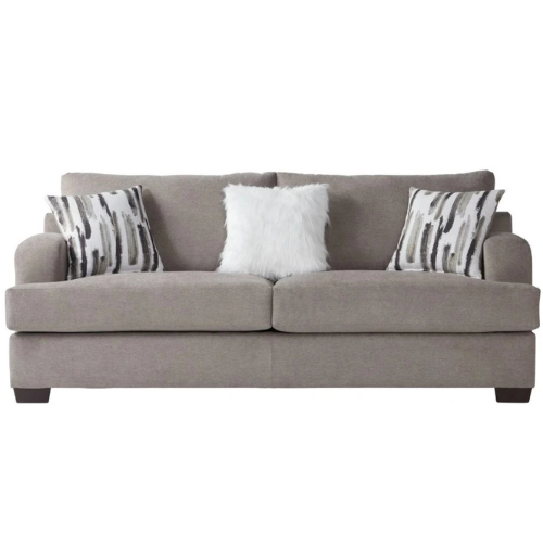 Modern light gray upholstered 2-seater sofa with decorative faux fur and abstract print throw pillows.