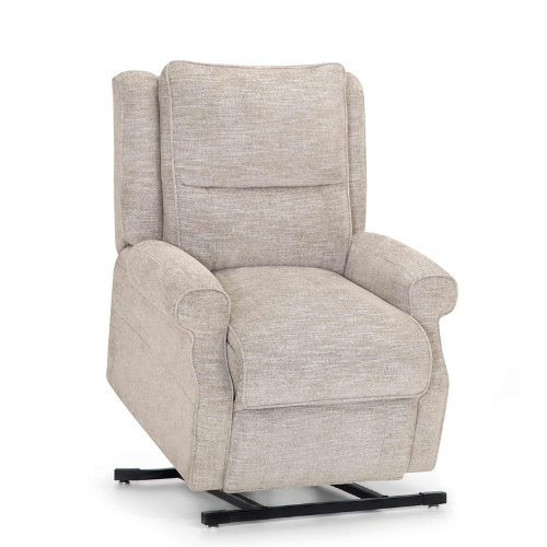 Beige textured fabric power lift recliner chair with rolled arms and sturdy black metal base for mobility assistance.
