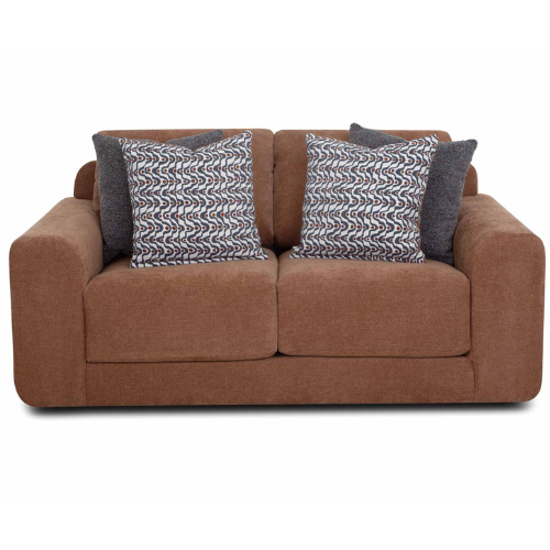 Rust brown upholstered loveseat with two-cushion seating and decorative patterned accent pillows.