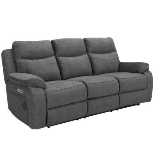 Dark gray power reclining sofa with integrated side speakers, USB charging ports, and plush upholstered 3-seater design.