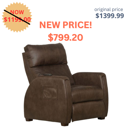 Brown leather or faux-leather electric recliner chair with plush cushioning, featuring a promotional price overlay. The original price of $1399.99 is shown, with a new sale price of $799.20 highlighted.