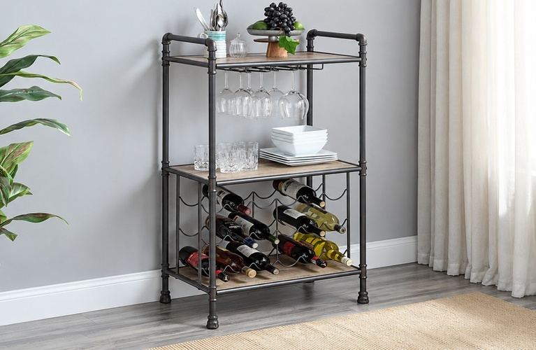 Industrial-style wine rack with black metal frame, wood shelves, hanging wine glass storage, and bottle holders at Huck Finn Home.