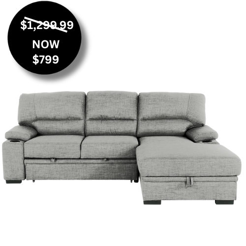 Modern grey sectional sleeper sofa with integrated cup holders and a storage chaise.