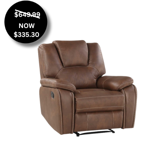 A well-padded, cognac-brown recliner chair featuring a high backrest, rounded armrests, and white contrast top-stitching. A black manual recline lever is visible on the side. A black circular graphic in the upper left indicates a sale price of $335.30, originally $649.99.