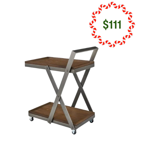 Two-shelf industrial-style serving or bar cart with wood trays, metal X-frame, and wheels.