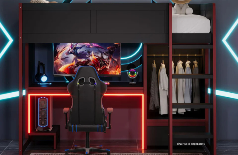 Black and red ultimate gaming loft bed with an integrated desk, monitor area, and closet storage. Ideal for a teenager's room.