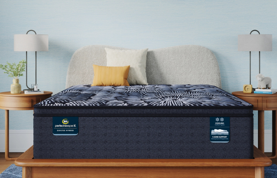 Serta Perfect Sleeper X Quilted Hybrid mattress with cooling and 5-Zone Support labels.