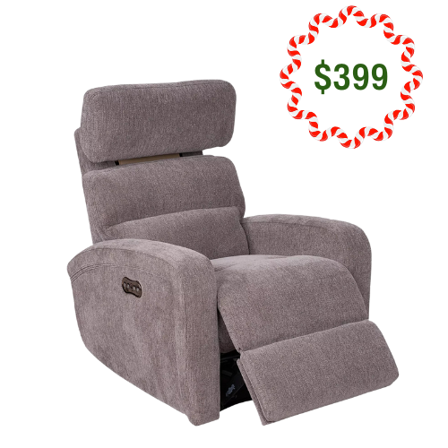 Power lift recliner chair in textured fabric with an adjustable headrest and extended footrest. The holiday sale price is $399.