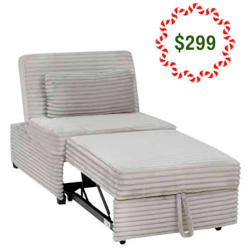 Convertible sleeper chair in light gray corduroy fabric, featuring an integrated pull-out ottoman/footrest and a throw pillow. Price $299 with a candy cane border.