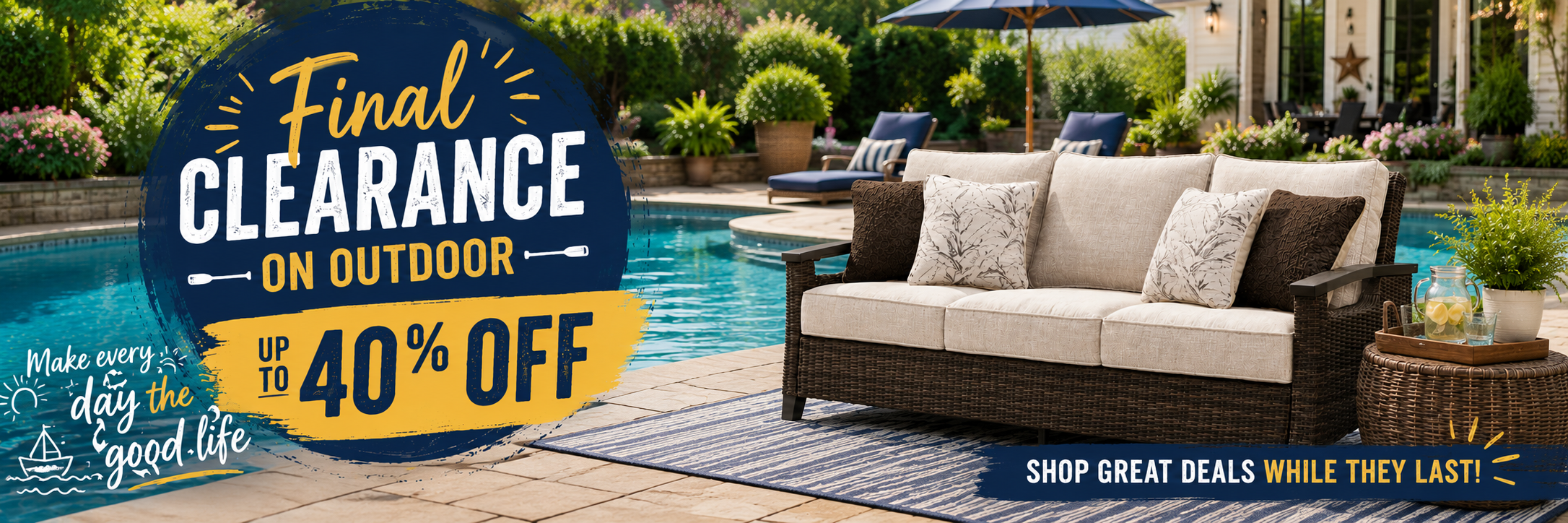 A luxurious outdoor patio setup next to a turquoise swimming pool featuring a light grey wicker sofa and armchairs with navy blue cushions and striped accent pillows. In the foreground, a matching coffee table holds a potted yellow orchid, a book, and sunglasses. White text over the image reads 