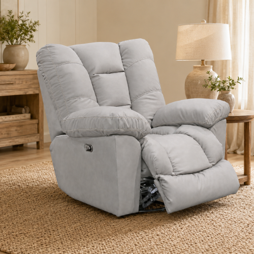 A black Adirondack-style rocking chair sits on a gray and white patterned outdoor rug by the edge of a sparkling blue swimming pool. The chair features a classic slatted back and wide armrests.
