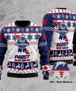 Deer Hunting Ugly Sweater Blue And White Color Pabst Blue Ribbon Beer And Deer Ugly Sweater For Christmas