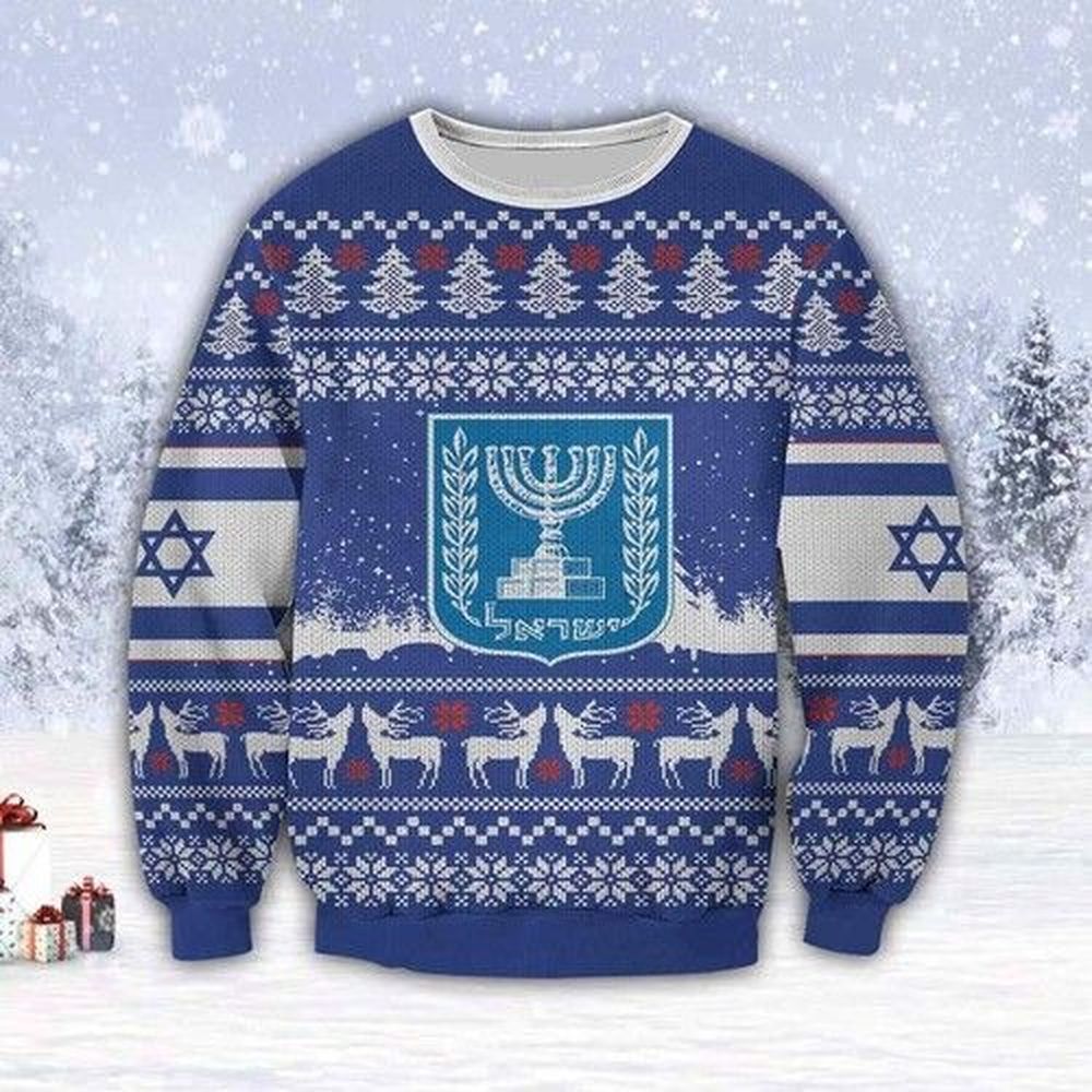 Deer Hunting Ugly Sweater Blue And White Color Israel And Deer Ugly Sweater For Christmas