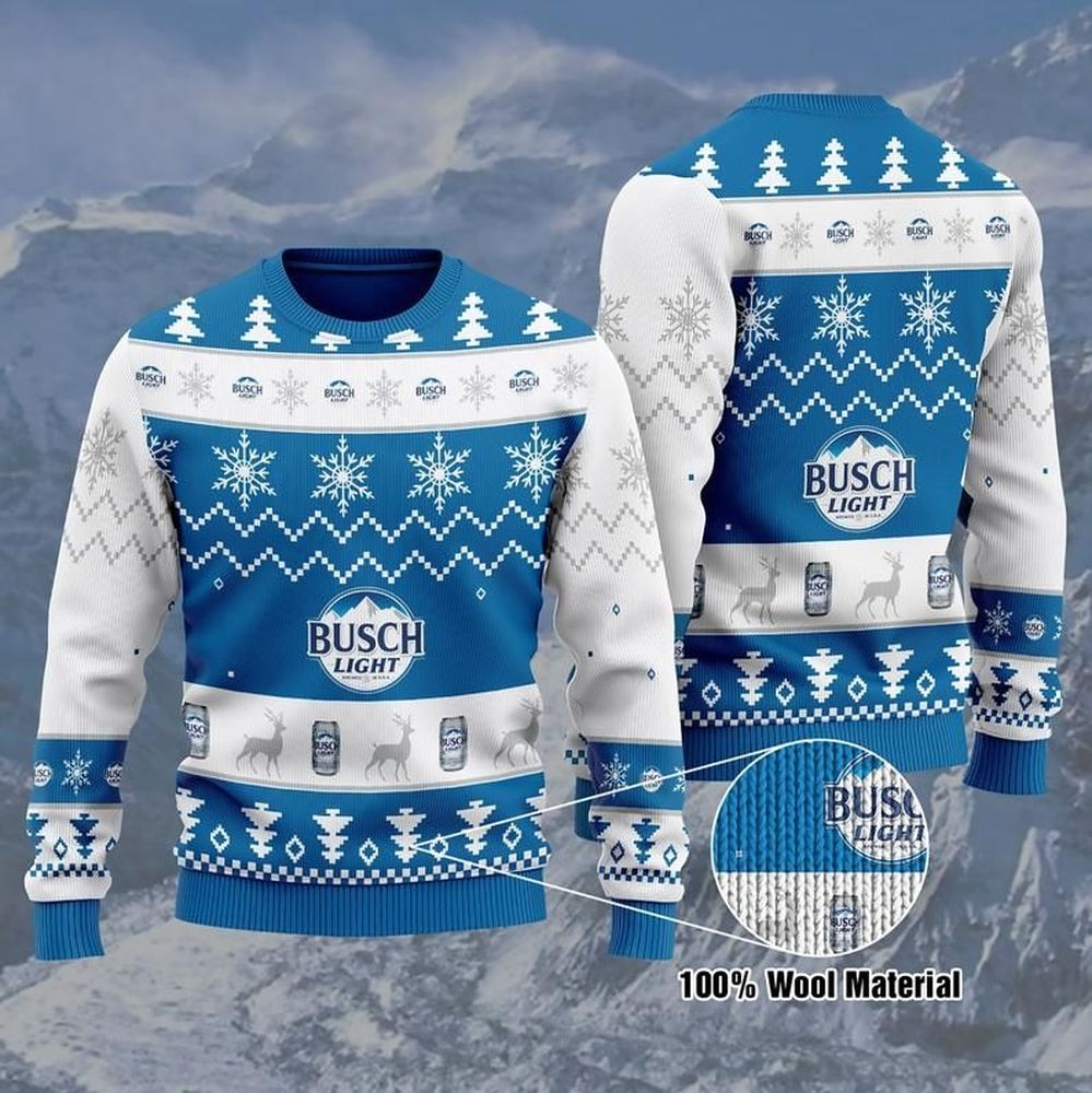 Deer Hunting Ugly Sweater Blue And White Color Busch Light Beer And Deer Ugly Sweater For Christmas