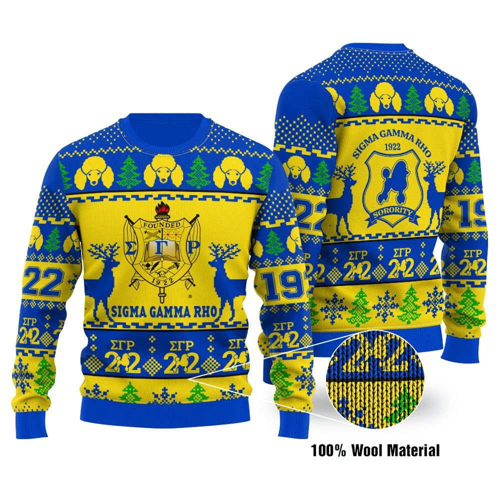 Deer Hunting Ugly Sweater Blue And Yellow Color Sigma Gamma Rho And Deer Ugly Sweater For Christmas