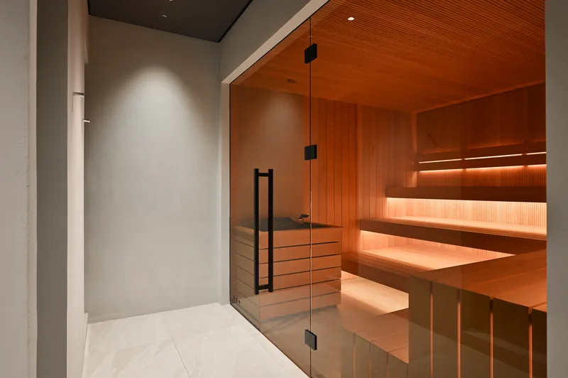 Residents’ sauna with wooden benches
