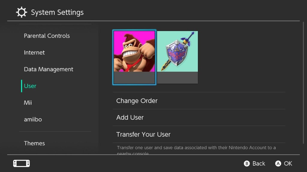 Screenshot from Nintendo Switch showing where users can access User option inside System settings