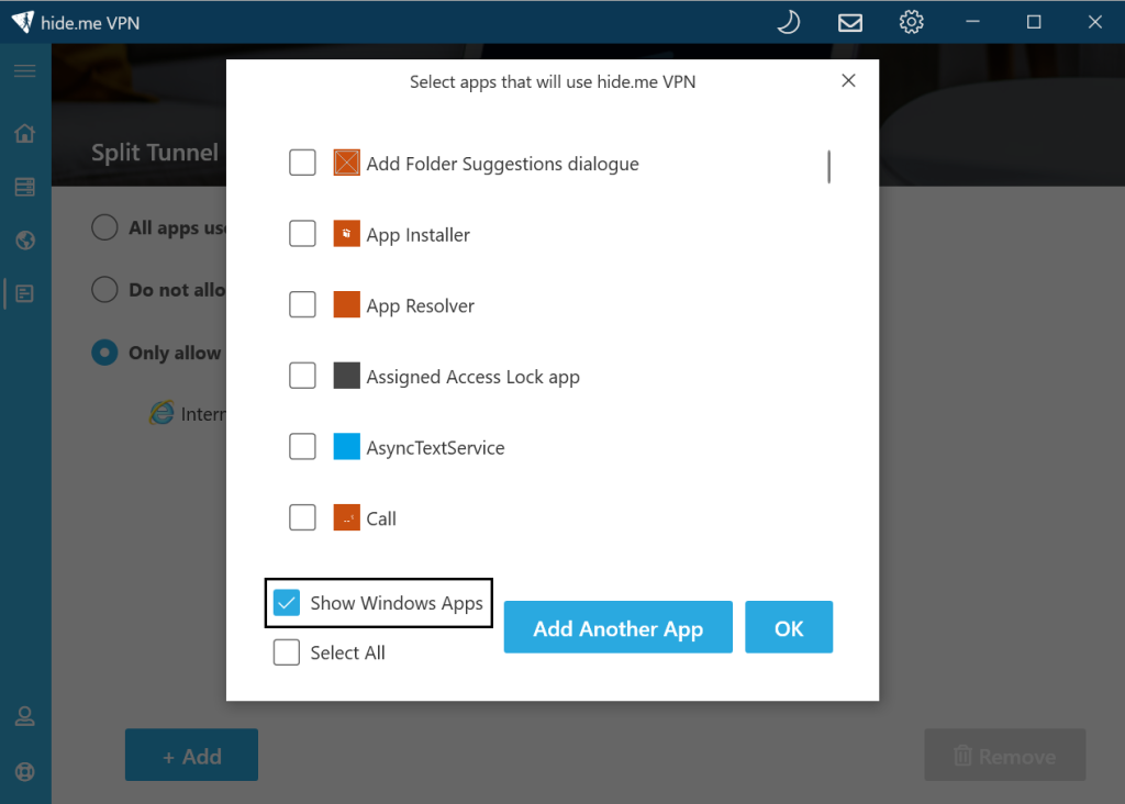 Screenshot from hide.me VPN application that shows how to choose applications that will use split tunneling