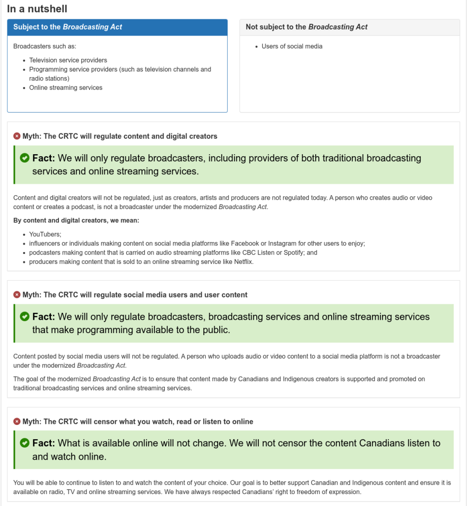 Myths and facts about bill c-11, broadcasting bill.