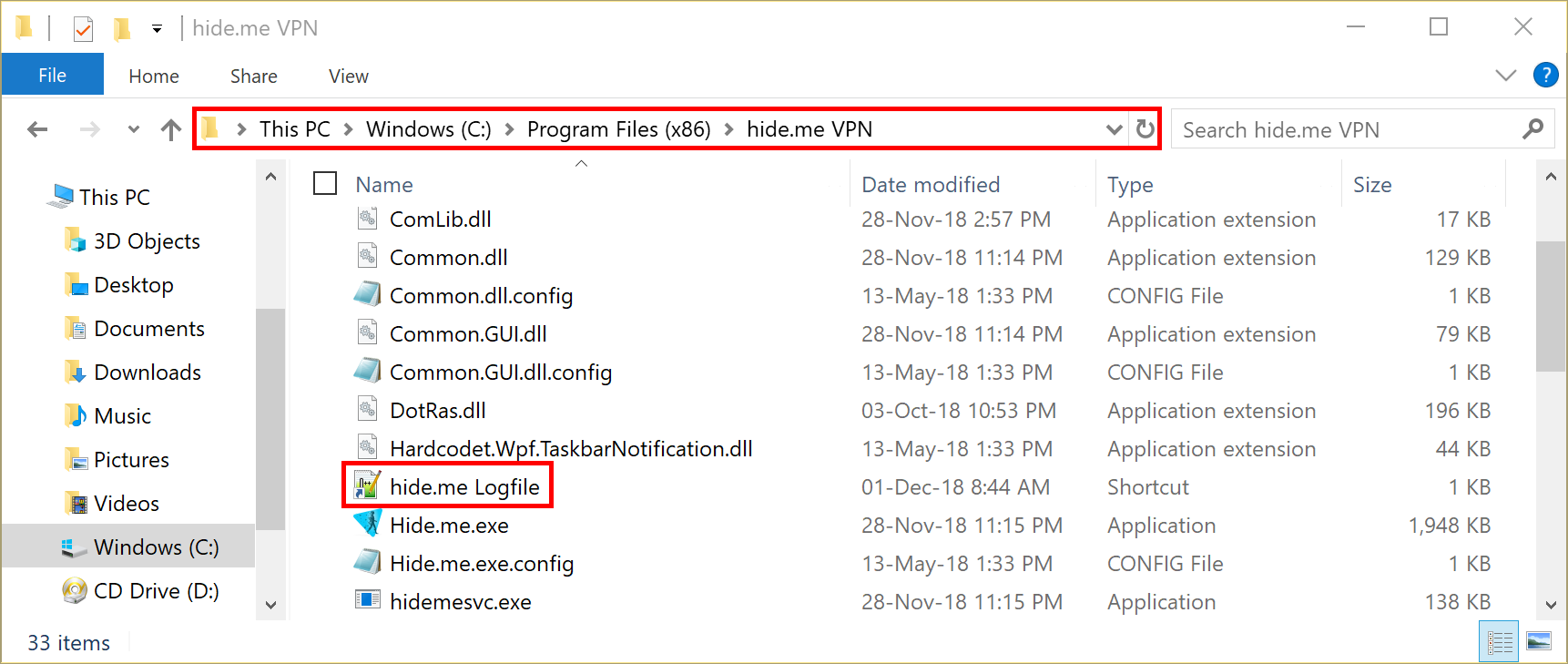 Windows file explorer hide.me install folder logfile