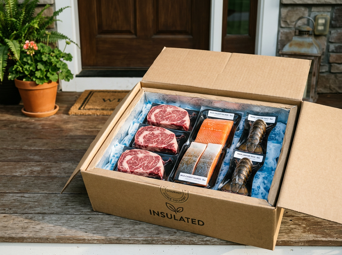 A Viking Fine Foods delivery box on a doorstep