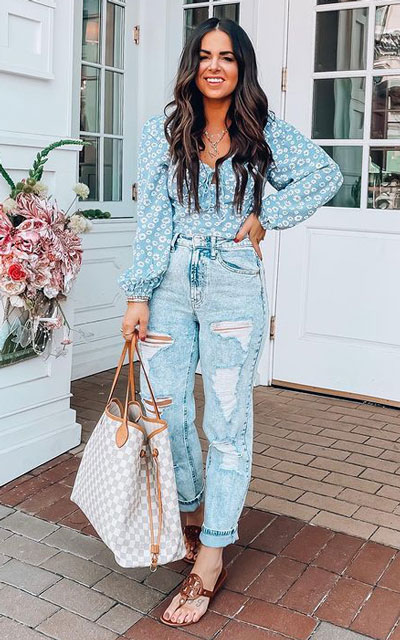 super-feminine look, distressed denim is the way to go paired with a floral smocked top