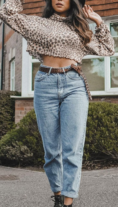 animal print crop top with a vintage mom jeans