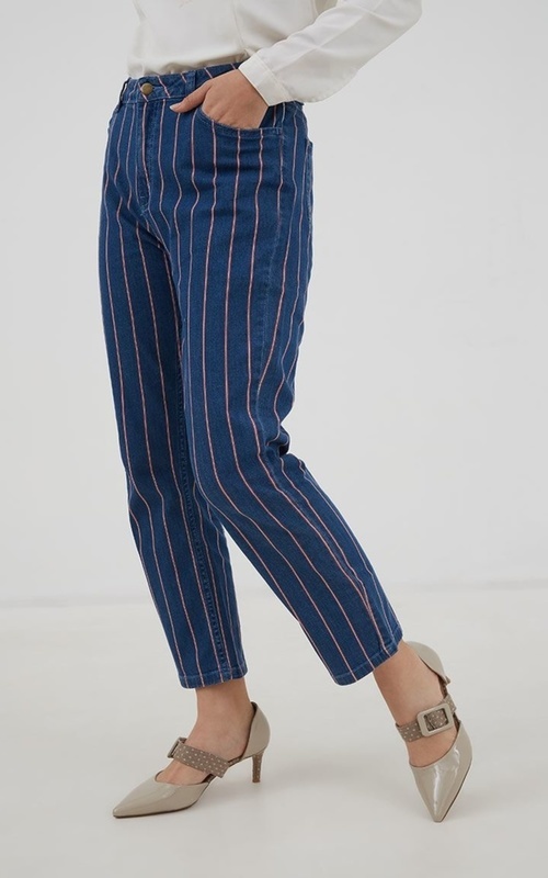 Serlina Stripe Denim Pants Blue - Blue