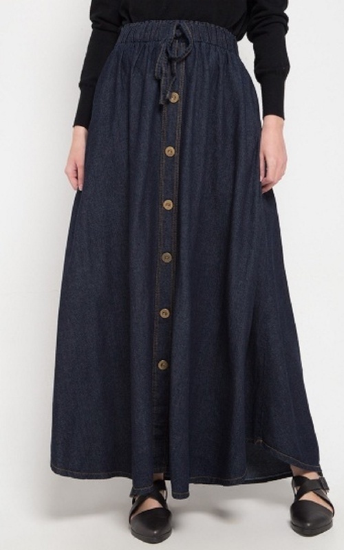 Skirt - Long Skirt Denim Flare W/ Button 2 - Black