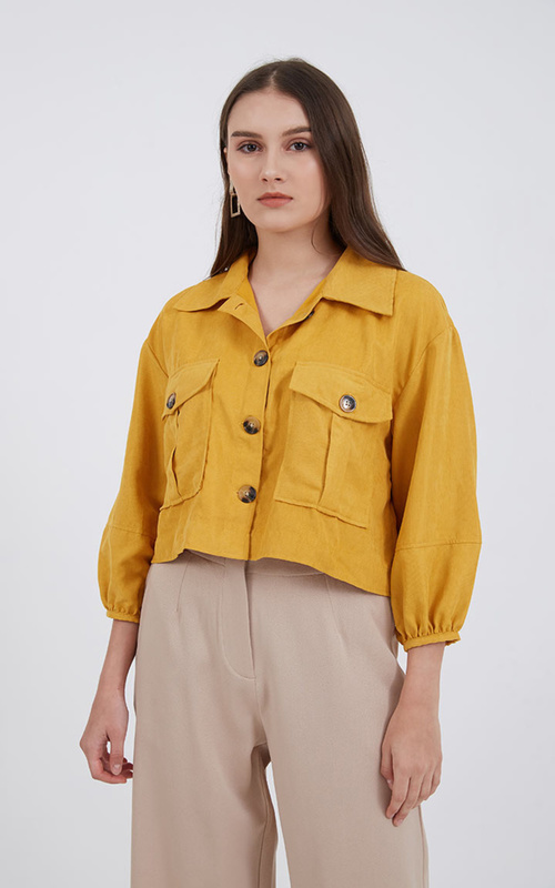 Jaket - Paige Puff Sleeve Crop Jacket Yellow - Yellow