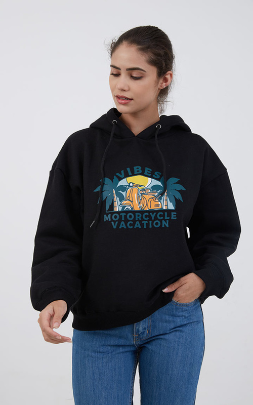 Sweater - Women Hoodie Motorcycle Vacation Black - Black