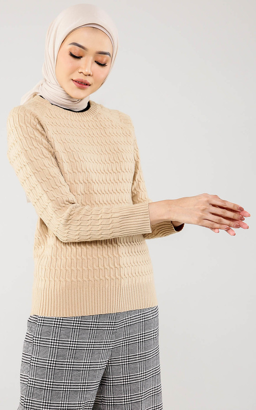 Sweater - Textured Knit Sweater - Tan - Tan