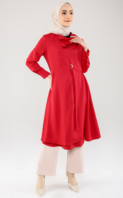 Cardigan - Karlie Long Outer with Belt - Red - Red