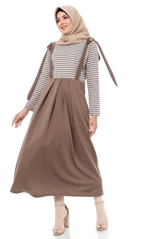 Overall - Mybamus Aloshia Stripy Overall Dress Mocca M14662 R88S1 - Mocca