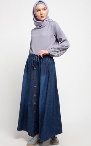 Skirt Long Skirt Denim Flare W/ Button In Dark Blue