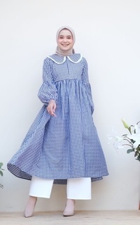 Gamis Alana Gigham Midi Dress Navy ( PO 7 Hari )