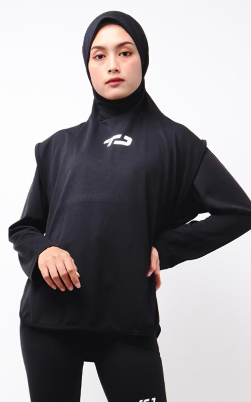 Pakaian Olahraga - LSA06 Hbs Hijab Sport Outer Senam 2-In-1 Hoodie Hitam - Hitam