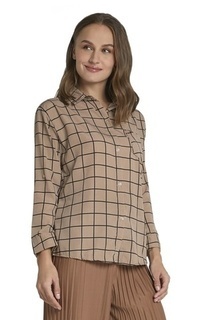 Shirt Osvald Blouse Long Sleeve Motif Kotak-Kotak Atasan Baju Wanita Casual - Mocca