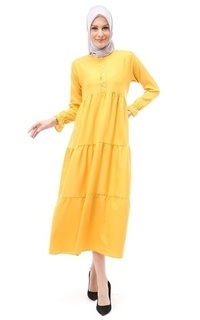 Long Dress Alvia Gamis Rempel Panjang Wanita Motif Polos Long Sleeve Regular Fit - Mustard