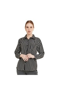 Shirt Kemeja Salur Dual Tone Color Baju Atasan Wanita Lengan Panjang Regular Fit - Black