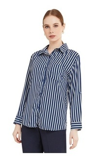 Shirt Kemeja Salur Dual Tone Color Baju Atasan Wanita Lengan Panjang Regular Fit - Navy