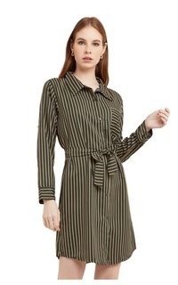 Tunik Tunik Salur Self Tie Belt Baju Wanita Lengan Panjang Garis Regular Fit - Green Hijau-555905