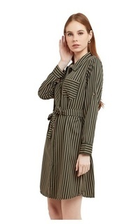 Tunik Tunik Salur Self Tie Belt Baju Wanita Lengan Panjang Garis Regular Fit - Green Hijau-555907