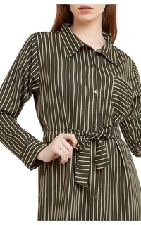 Tunik Tunik Salur Self Tie Belt Baju Wanita Lengan Panjang Garis Regular Fit - Green Hijau-555908