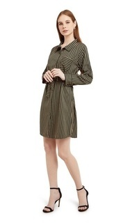 Tunik Tunik Salur Self Tie Belt Baju Wanita Lengan Panjang Garis Regular Fit - Green Hijau-555909