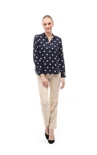 Shirt Blouse Wanita Polkadot Long Sleeves Detail Kerah Slip On Style Fashionable - Navy