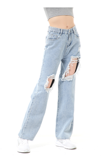 Pants Stella Highwaist Baggy Ripped Jeans Wanita Long Pants Desain Sobek Material Denim ORIGINAL - Blue Blue-576965