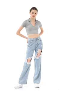 Pants Stella Highwaist Baggy Ripped Jeans Wanita Long Pants Desain Sobek Material Denim ORIGINAL - Blue Blue-576969