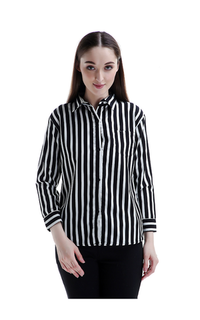 Kemeja Carmel Long Shirt Motif Pattern Dual Tone Color Fashionable Woman Design Chic - Hitam